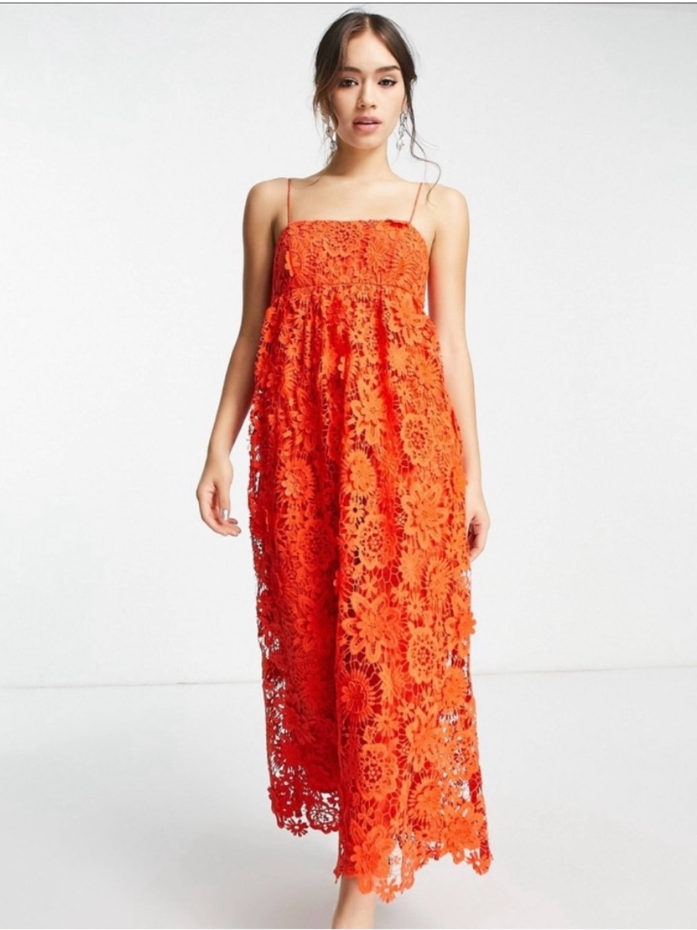 ASOS Bright Orange Floral Crochet Maxi Dress with Spaghetti Straps